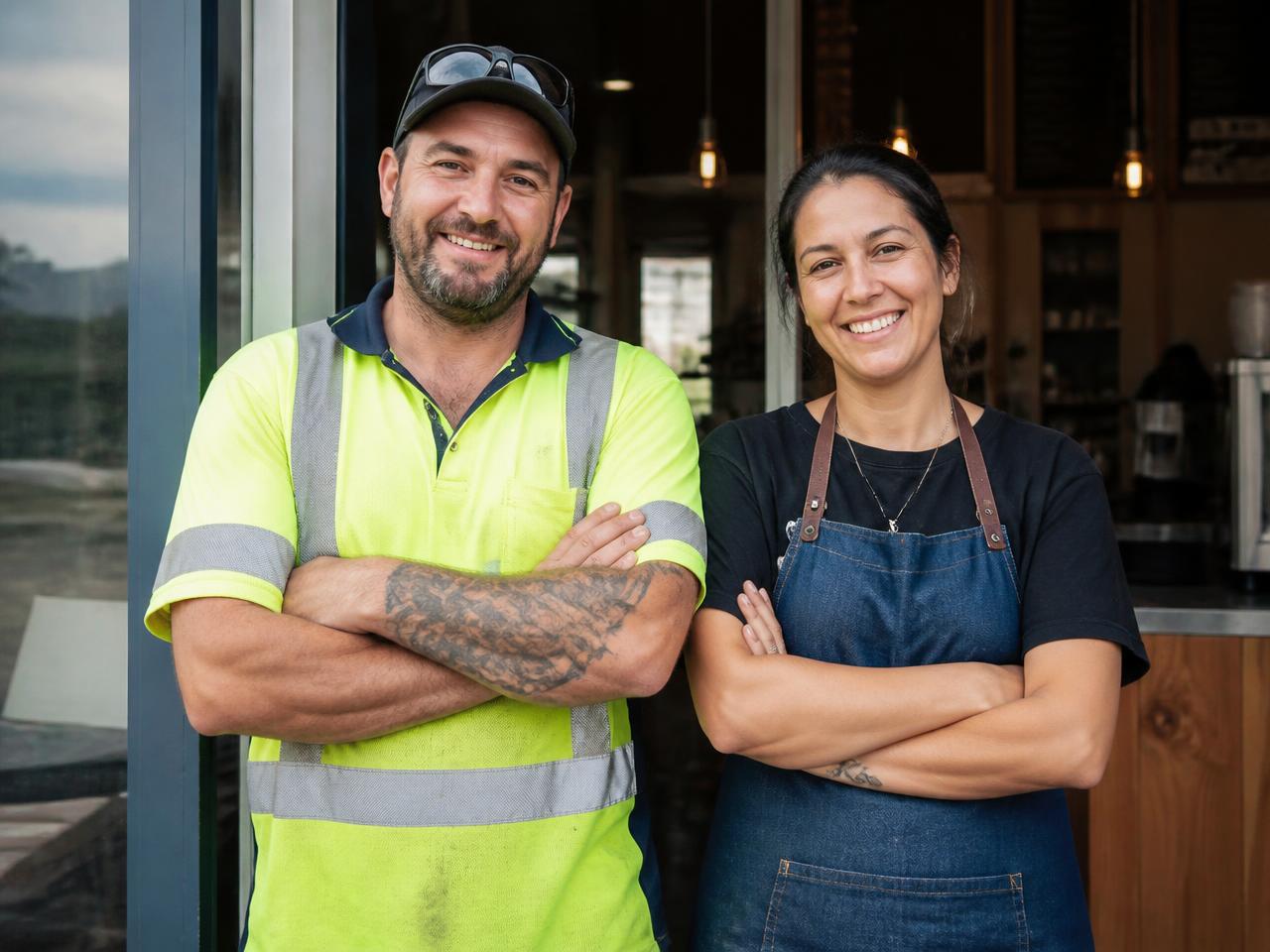 New Zealand small business owners, a tradesperson and a cafe owner, outside their premises