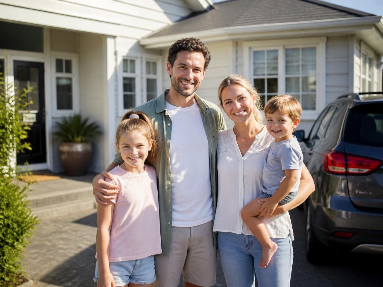 A New Zealand family outside their home with the family car in the driveway